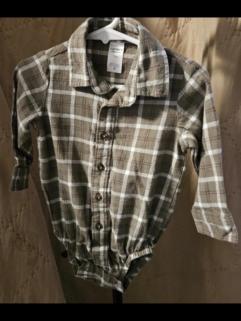 Carter’s Child of Mine Baby Boy 12M Olive Plaid Flannel Button-Up Bodysuit